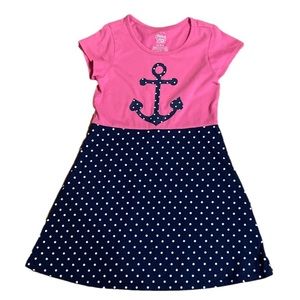 Medium 7/8 Faded Glory pink & navy blue white polka dot anchor dress